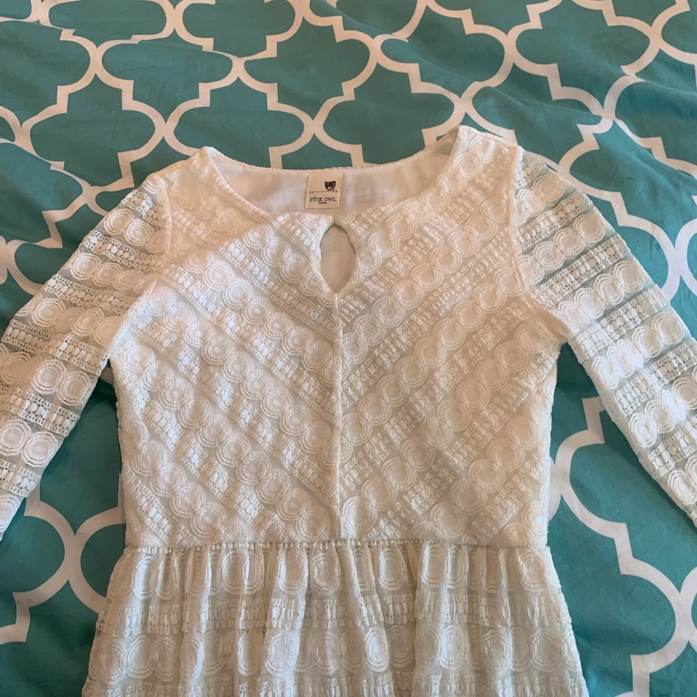 Pink Owl White Long-sleeve Lace Dress